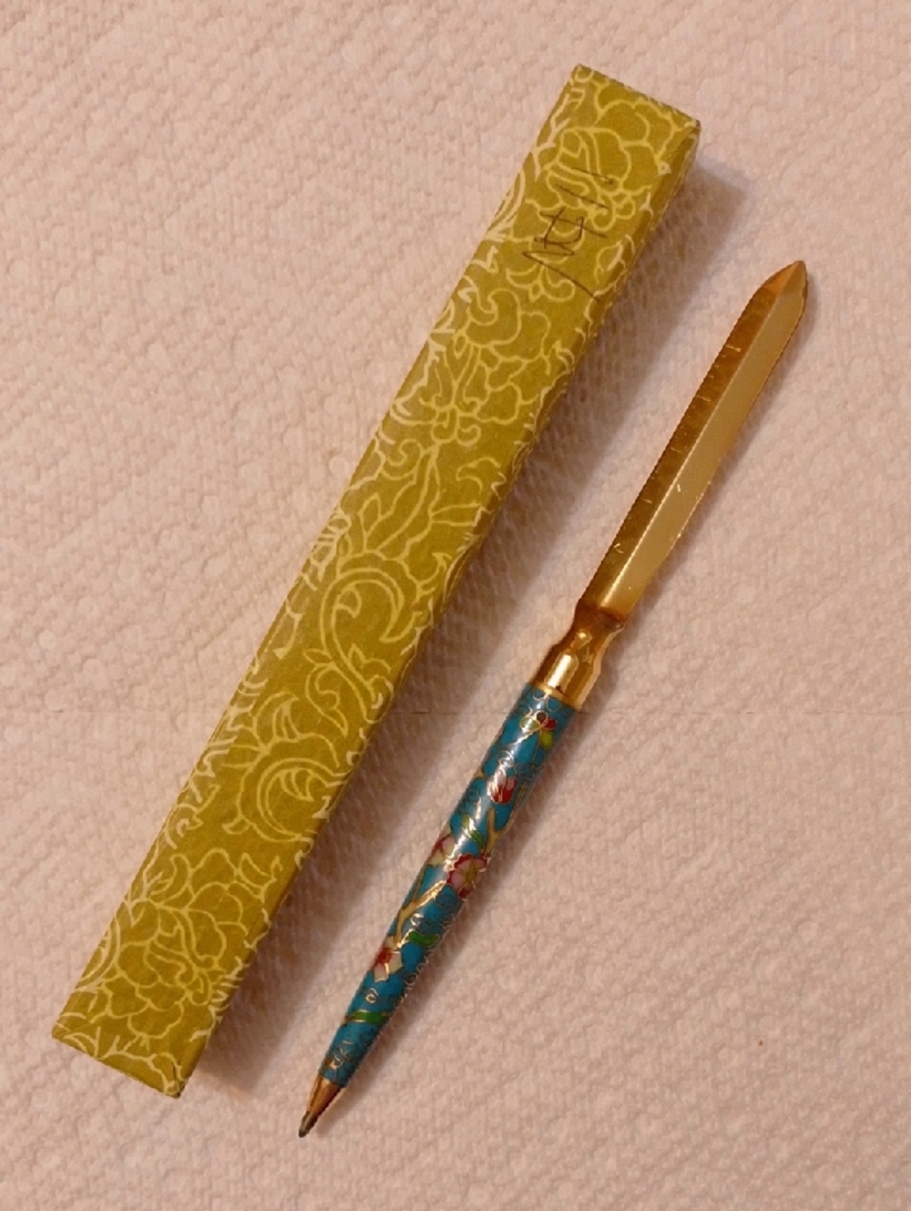 New in box Vintage Cloisonne ball point pen letter opener Collectible